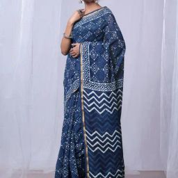 Unnati Silks Blue Printed Saree With Unstitched Blouse-image-12
