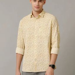 Cavallo By Linen Club Yellow Linen Slim Fit Printed Shirt-image-83