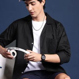 Hancock Black Cotton Relaxed Fit Solid Shirts-picture-0