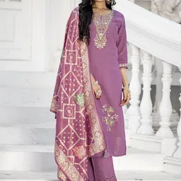 MITTOO Women Ethnic Motifs Embroidered Regular Kurta with Trousers & With Dupatta-image-9