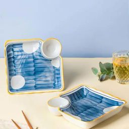 Nestasia Set of 2 Blue & White Nitori Ceramic Chip & Dip Plate for Pakoras,Momos & More, 7-inch-34