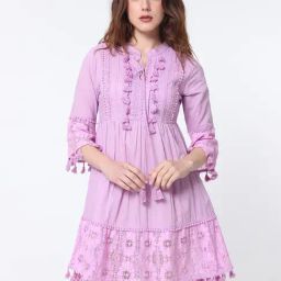 RAREISM Purple Cotton Solid Three-Quarter Sleeves Dress-picture-27