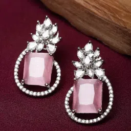 Zeneme Rhodium Plated Silver Pink AD Studded Paisley Drop Earrings-image-88