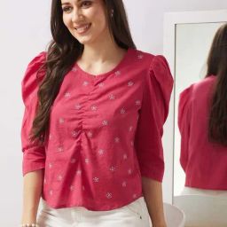 Globus Women Pink Puff Sleeves Floral Embroidered Gathered Detail Top-picture-13