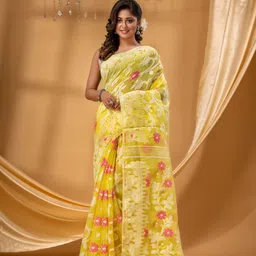 TANTLOOM Floral Jamdani Saree With Blouse Piece-picture-6