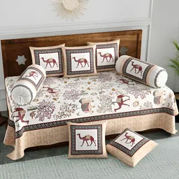 Myntra Elegant Homes Set Of 8 White & Brown Printed Cotton Diwan Set-23