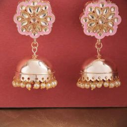 Priyaasi Gold-Plated Kundan Studded Floral Meenakari Jhumka Earrings in Pink Color with Pearls-21