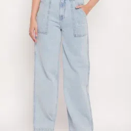 Madame Ice Blue Cotton Relaxed Fit Solid Jeans-image-43