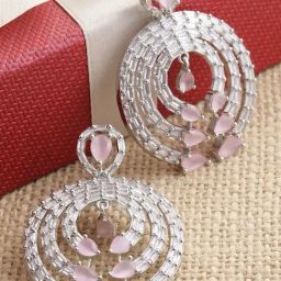 Zeneme Rhodium Plated Silver Toned Pink AD Contemporary Dangler Earrings-4
