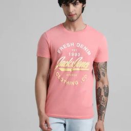 Jack & Jones Flamingo Pink Cotton Slim Fit Printed T-Shirt-image-15