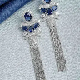 Zeneme Silver Plated Brass Contemporary AD Shoulder Duster Dangler Earrings-image-80