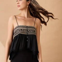 Globus Women Black Embroidered Square Neck Shoulder Strap Asymmetric Hem Fusion Tunic-16