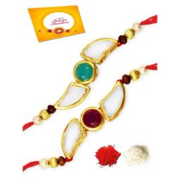 Karatcart Gold-Plated Kundan Rakhi with Roli Chawal & Greeting Card for Brother - Set of 2-12