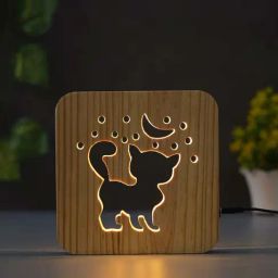 eCraftIndia Brown Wood Cute Little Cat, Moon Carving Led Table Lamp Usb Night Light Showpiece-18