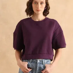 RAREISM Purple Cotton Blend Solid Short Sleeves Sweatshirt-image-66