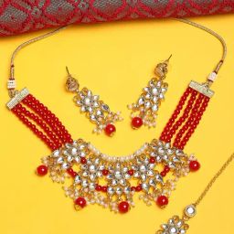 OOMPH Red Beads & Kundan Multi Layer Choker Necklace Set with Drop Earrings & Maangtikka-image-1