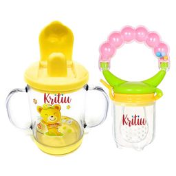 Kritiu Baby Sippy Spout Cup With Handles 200 ml & Rattel Fruit Feeder Combo Of 2 - Multicolor-6