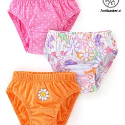 Babyhug 100% Cotton Knit Antibacterial Panties Floral Print Pack of 3 - Orange Pink & White-image-8