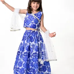 Babyhug Woven Sleeveless Embroidered Choli Lehenga Set with Dupatta Floral Print - Navy Blue-picture-25