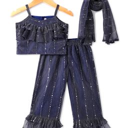 Babyhug Woven Sleeveless Shimmer Top & Palazzo Set with Sequin Frill Detailing & Dupatta - Purple-image-37