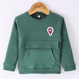 Olio Kids Cotton Knit Full Sleeves Winter T-Shirt with Kangaroo Pocket & Parachute Patch - Dark Green-picture-22
