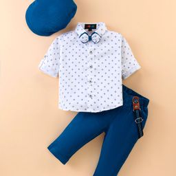 Robo Fry Cotton Woven Full Sleeves Printed Shirt & Trouser Set with Hat Bow & Suspender - White & Blue-image-69