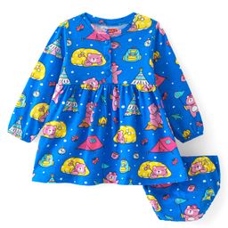 Babyhug Single Jersey Full Sleeves Frock with Bloomer Bear Print - Blue-image-29