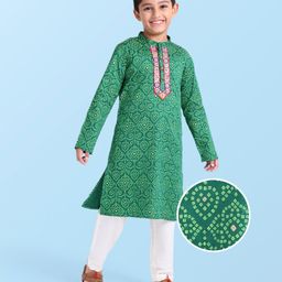 Earthy Touch Cotton Woven Full Sleeves Kurta Pyjama Set with Bandhani Print - Green-image-86