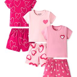 Bonfino 100% Cotton Knit Half Sleeves Hearts Printed Shorts Night Suit Pack of 3- Pink-picture-1