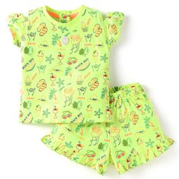 ToffyHouse Knitted Frill Sleeves Top & Shorts with Animal Print - Neon Green-picture-31
