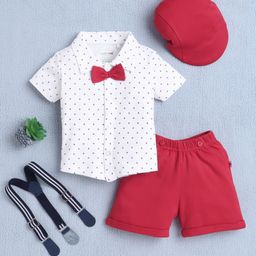 BUMZEE Cotton Knit Half Sleeves Stars Printed Shirt & Short Set with Suspender Bow & Hat - White & Red-image-95