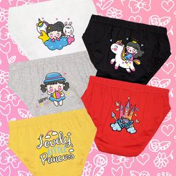 NUSYL Cotton Pack Of 5 Princess & Castle Printed Panties - White Black Grey Red & Yellow-image-56