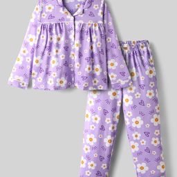 Honeyhap Premium 100% Cotton Knit Full Sleeves Co-ords Night Suit With Floral Print - Willowher-picture-10