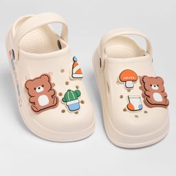 KIDLINGSS Teddy Bear & Mushroom Applique Detailed Perforated Slingback Clogs - White-picture-12
