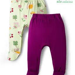 Babyoye Cotton Knit Bootie Leggings With Eco Jiva Finish Butterfly Embroidery & Floral Print Pack of 2 - Light Green & Purple-picture-19