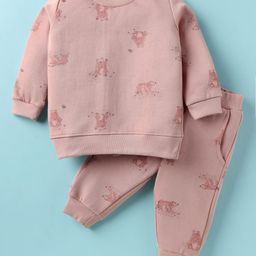 Zero Fleece Knit Full Sleeves Bear Printed Winter Co-Ord Night Suit - Pink-image-7