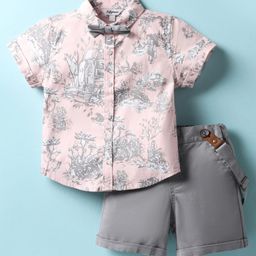 ToffyHouse Cotton Woven Half Sleeves Jungle Theme Printed Party Shirt & Shorts Set with Bow & Suspender - Grey-picture-15