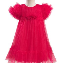 Babyhug Mesh Woven Sleeveless Solid Party Dress With Floral Corsage & Frill Detailing - Red-picture-28