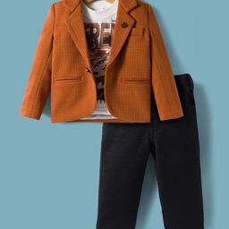 Dapper Dudes Full Sleeves Textured Blazer With Typography Printed Tee & Pant Set - Orange-picture-9
