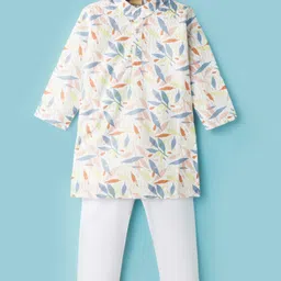 Ridokidz Full Sleeves Leaves Printed Kurta Pyjama Set - Multi Colour-picture-10