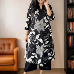 SWEETPEL Floral Printed Mandarin Collar A-Line Kurta With Palazzos-picture-22