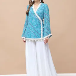 KELIN Bandhani Printed V Neck Angrakha Mirror Work Tunic With Sharara-0