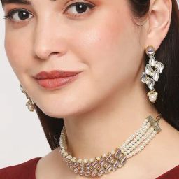 OOMPH Gold Jadau Kundan & Pearls Multi Layer Ethnic Choker Necklace Set with Drop Earrings-8