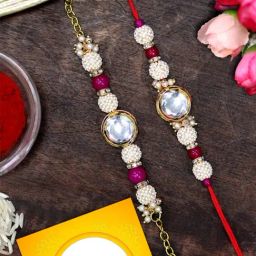 Karatcart Gold-Plated Pink Round Polki Kundan Rakhi, Roli & Chawal for Bhai & Bhabi - Set of 2-4