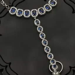 Priyaasi Blue Stone American Diamond Block Link Silver-Plated Hand Harness-image-45