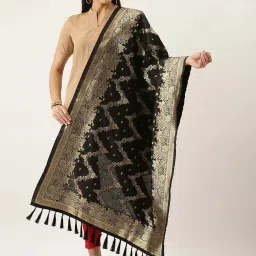 Silk Land Black Woven Pattern Dupatta image 1