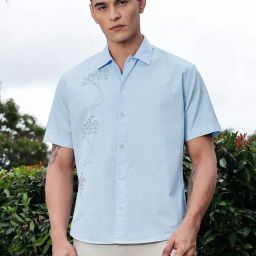 Thomas Scott Sky Blue Cotton Regular Fit Embroidered Shirt-picture-20