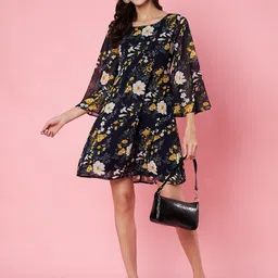 ANVI Be Yourself Floral Printed Flared Sleeve Georgette A-Line Dress-image-75