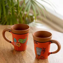 ExclusiveLane Orange & Brown Terracotta Chai Birdies Hand Painted Tea Cups (0.25 L) - Set of 2 image 1