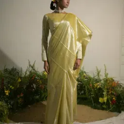 Huts And Looms Olive Solid Tissue Saree-image-47